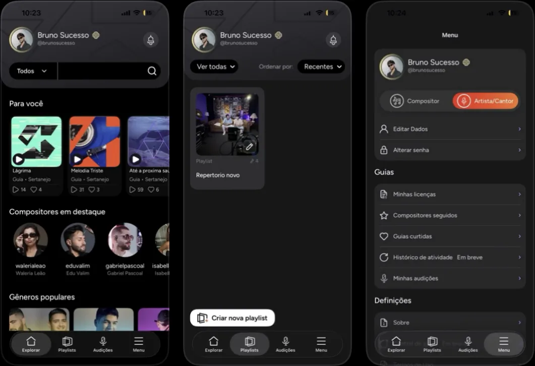 Telas do app Sucesso App